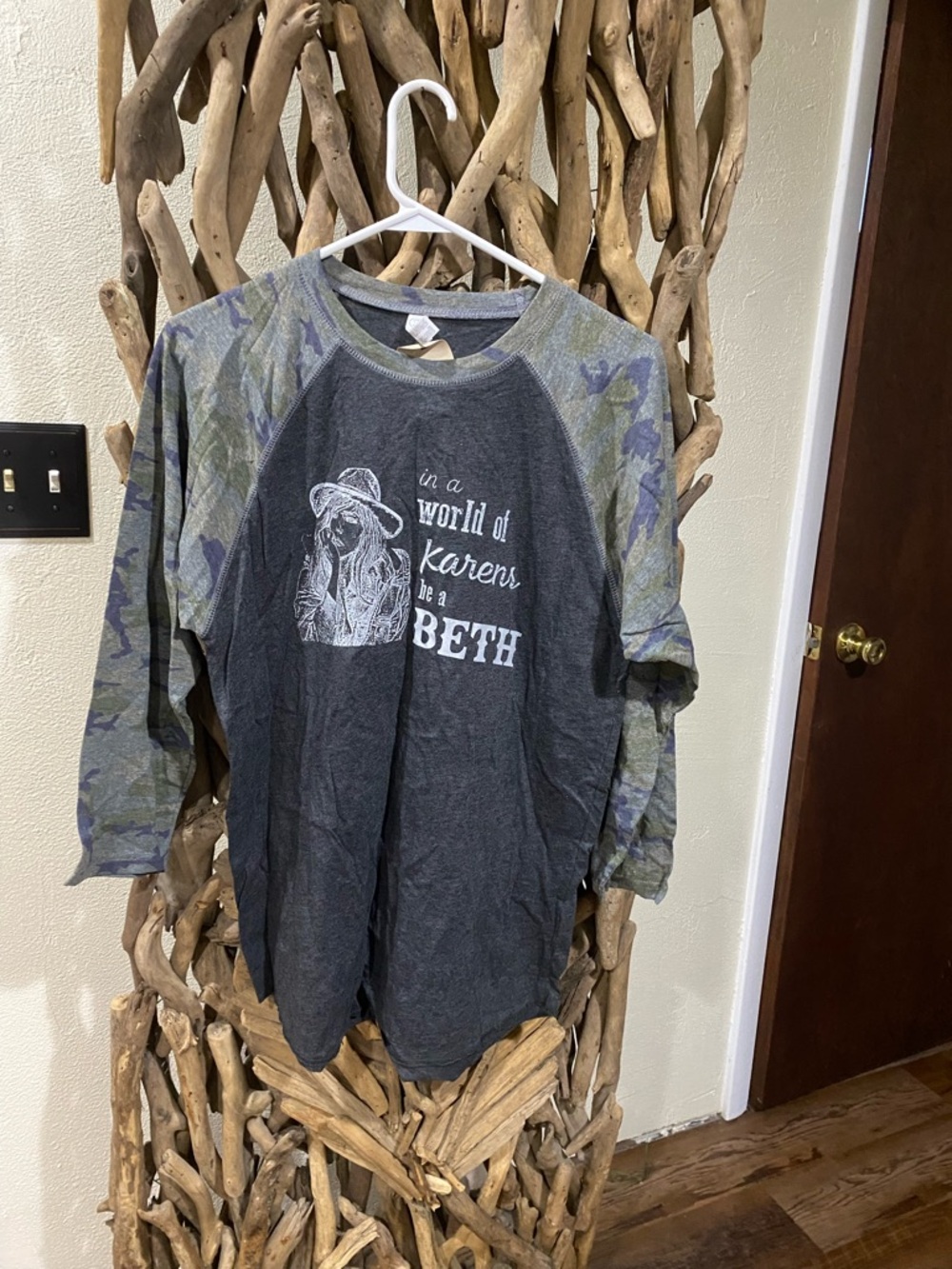 Graphic Raglan Tee — Charcoal Body with Camo Sleeves